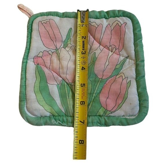 Spring Tulips Easter Vintage Set of 2 Green and Pink Potholders 7” Cottage Core - Picture 5 of 5